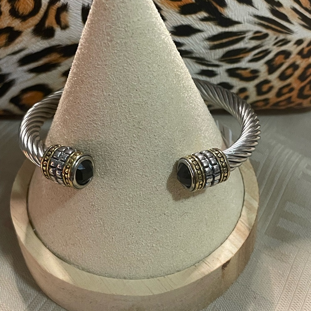 Stainless Steel Silver/Gold Cable Bracelet with Black Crystal Stone.